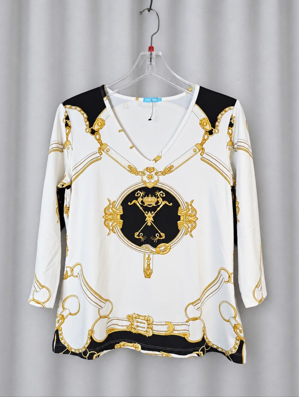J. McLaughlin Catalina Cloth Black White Equestrian Bridle Chain V Neck Blouse